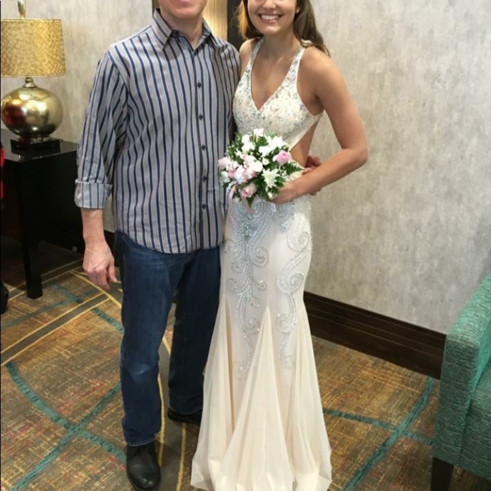 Cream Open Back Prom Dress with Beading